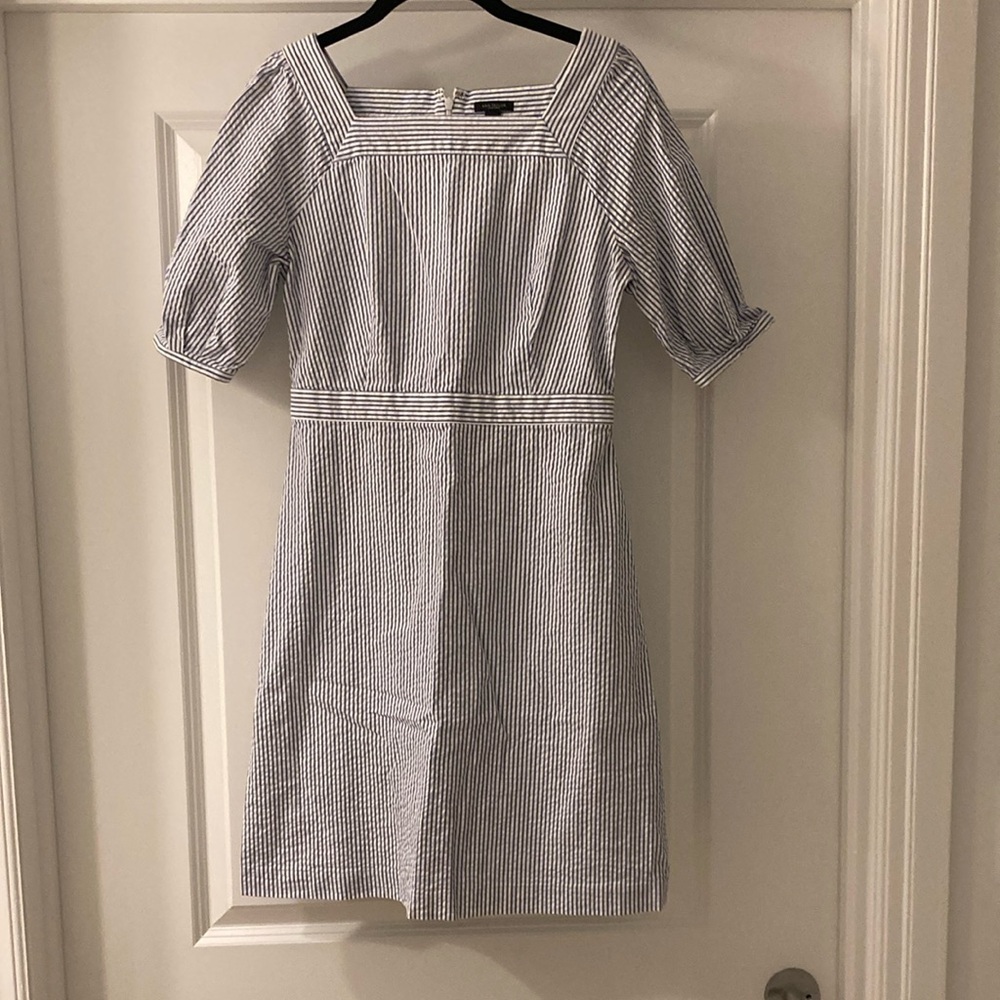 Ann Taylor Factory Blue and White Seersucker Puff Sleeve Mini Dress
